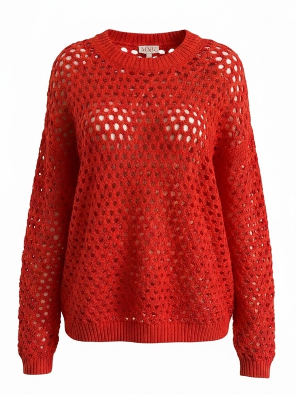 MNK Red Open Knit Crochet Crew Neck Sweater Size Large